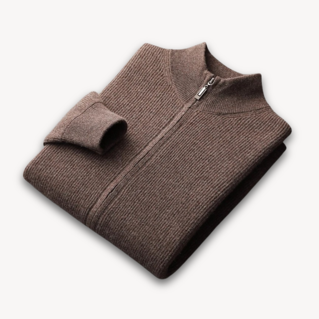 Loravelle | Men's Wool Cashmere Ribbed Full-Zip Cardigan Sweater