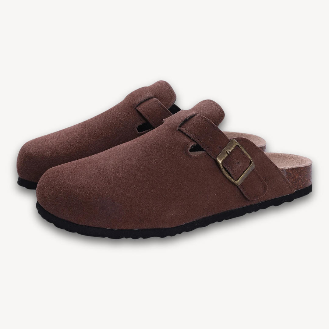 Loravelle | Women's Clogs - Suede Slip-On Mules with Adjustable Buckle - Cork Footbed - Casual Comfort Shoes