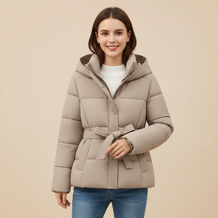 Women's Puffer Jacket with Hood and Belt | Loravelle