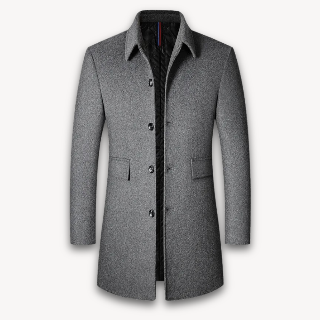 Loravelle | Men's Wool Long Coat - Solid Color, Turn-Down Collar, Business Casual Outerwear