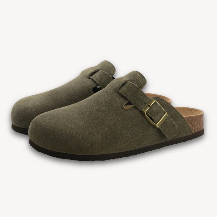 Loravelle | Women's Clogs - Suede Slip-On Mules with Adjustable Buckle - Cork Footbed - Casual Comfort Shoes