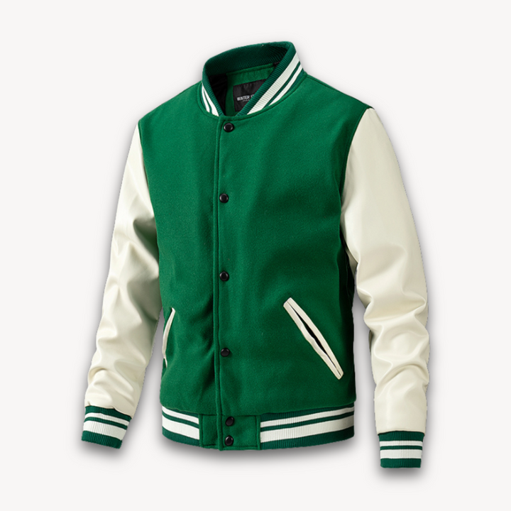 Loravelle | Men's Varsity Jacket - Wool Blend Body with Faux Leather Sleeves - Classic Letterman Style