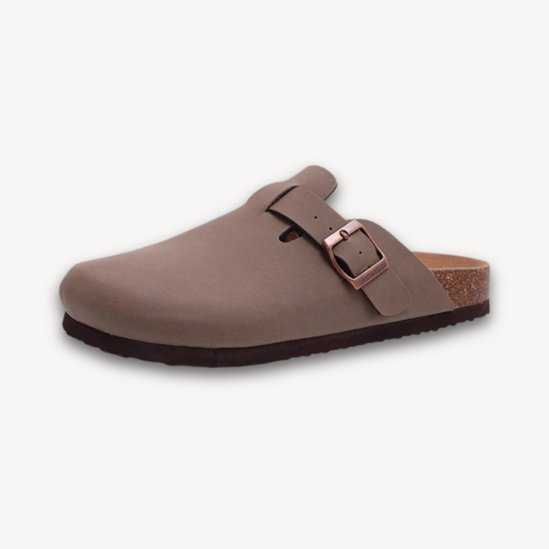 Loravelle | Women's Clogs - Suede Slip-On Mules with Adjustable Buckle - Cork Footbed - Casual Comfort Shoes