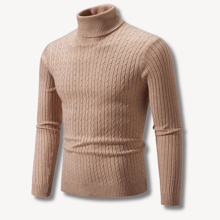 Loravelle | Men's Cable Knit Turtleneck Sweater - Ribbed Slim Fit, Warm Soft Wool Blend - Casual Winter Pullover