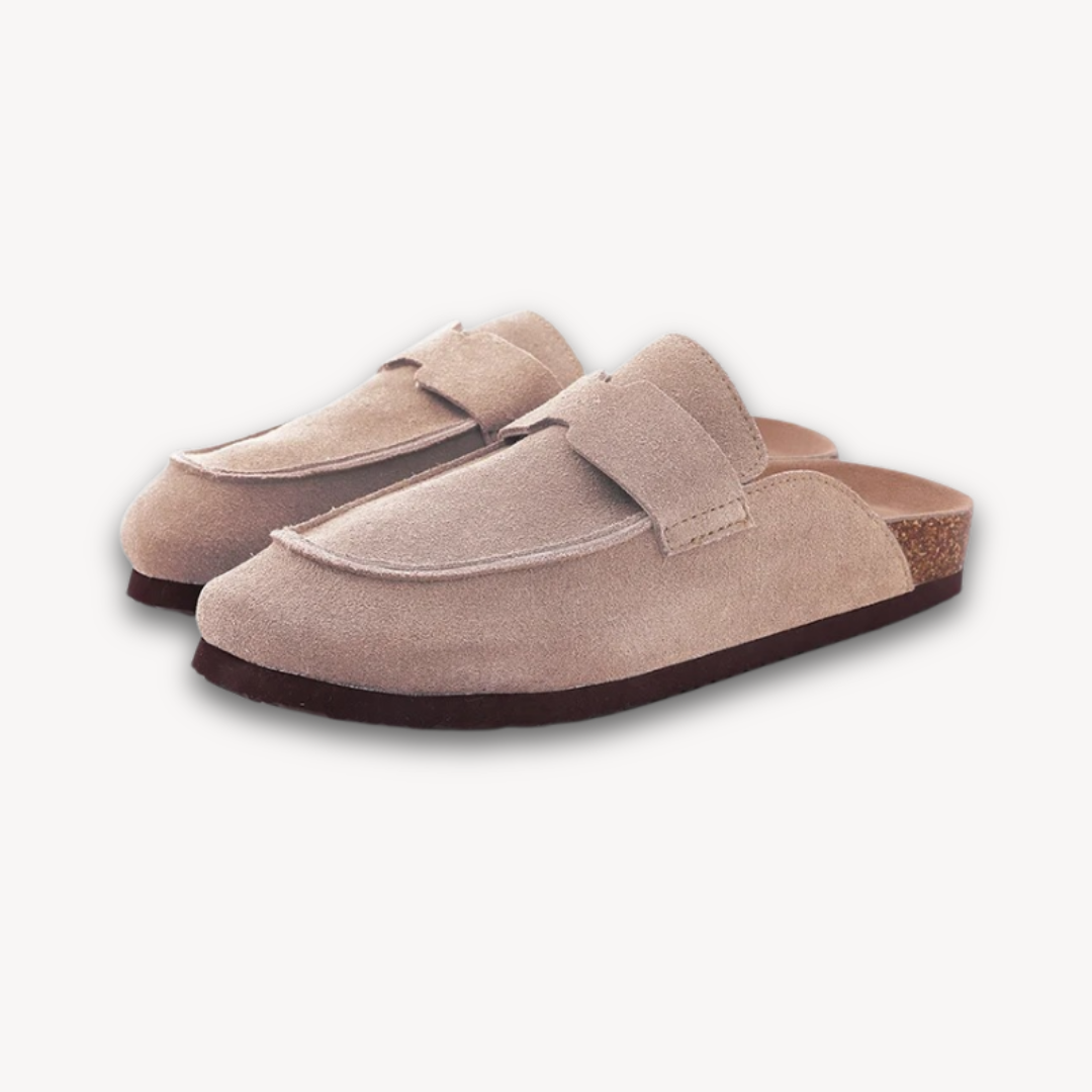 Loravelle | Women's Clogs - Suede Slip-On Mules with Adjustable Buckle - Cork Footbed - Casual Comfort Shoes