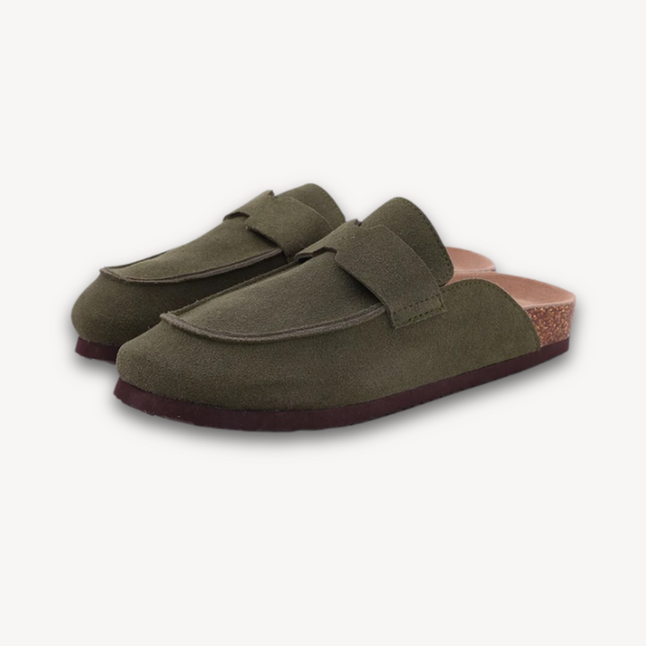 Loravelle | Women's Clogs - Suede Slip-On Mules with Adjustable Buckle - Cork Footbed - Casual Comfort Shoes