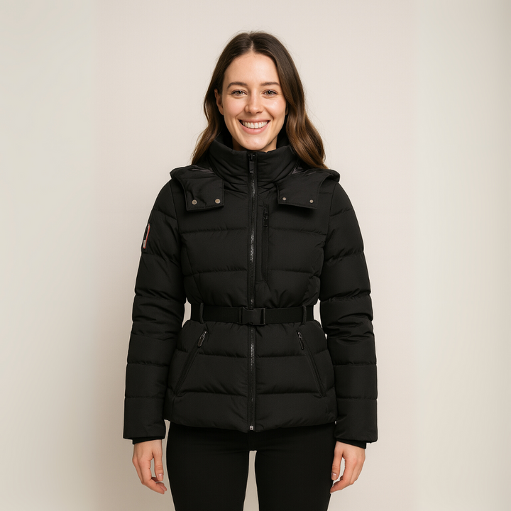 Women’s Black Puffer Jacket with Belted Waist and High Collar | Loravelle