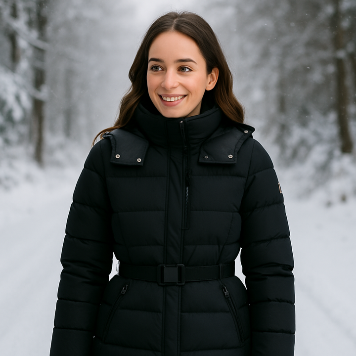 Women’s Black Puffer Jacket with Belted Waist and High Collar | Loravelle