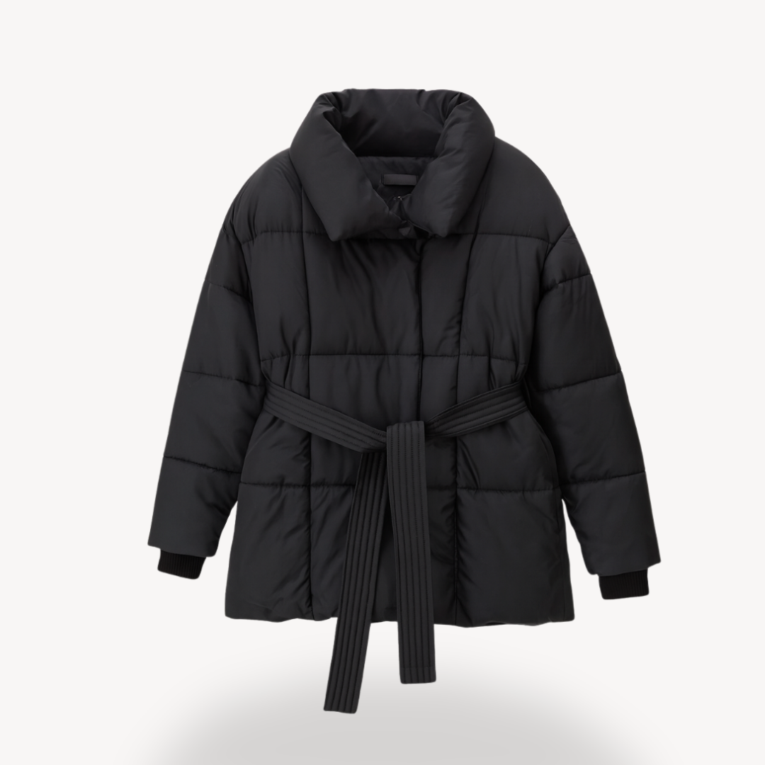 Women’s Black Quilted Puffer Jacket with Belt Loravelle