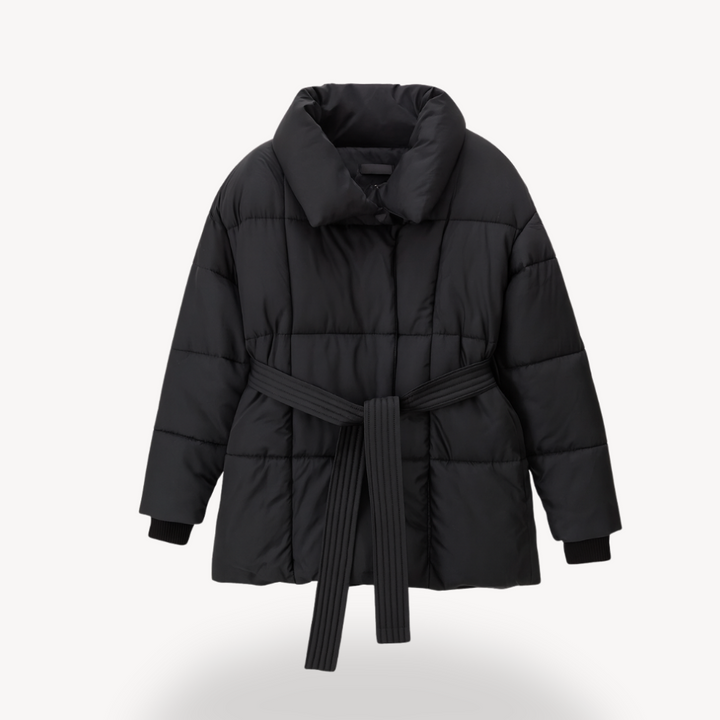Women’s Black Quilted Puffer Jacket with Belt Loravelle