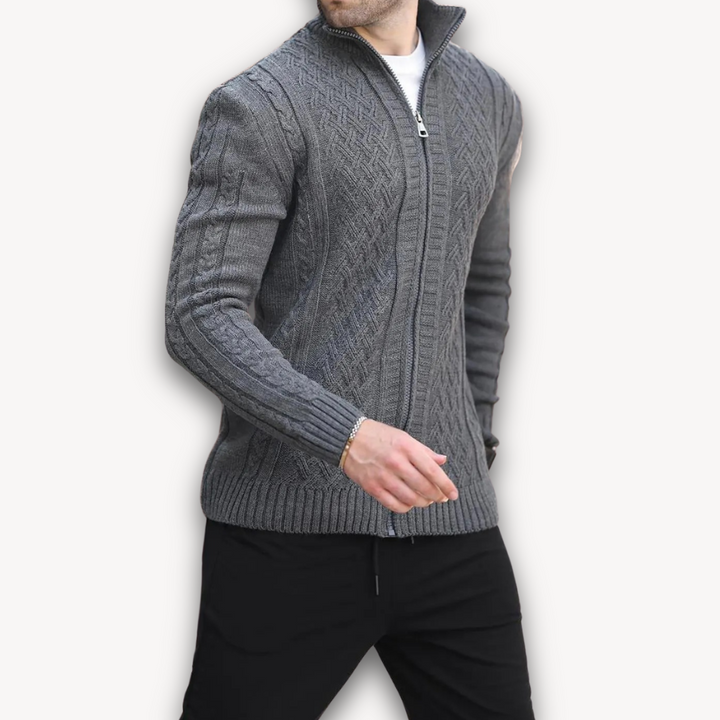 Loravelle | Men's Cable Knit Zip-Up Cardigan Sweater - Acrylic Blend, Casual Winter Wear