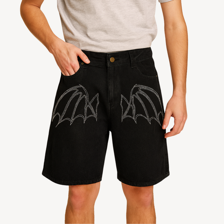 Men's Y2K Black Denim Bat Wing Shorts | Loravelle