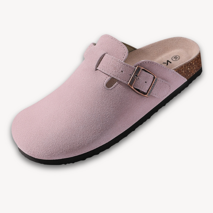 Loravelle | Women's Clogs - Suede Slip-On Mules with Adjustable Buckle - Cork Footbed - Casual Comfort Shoes