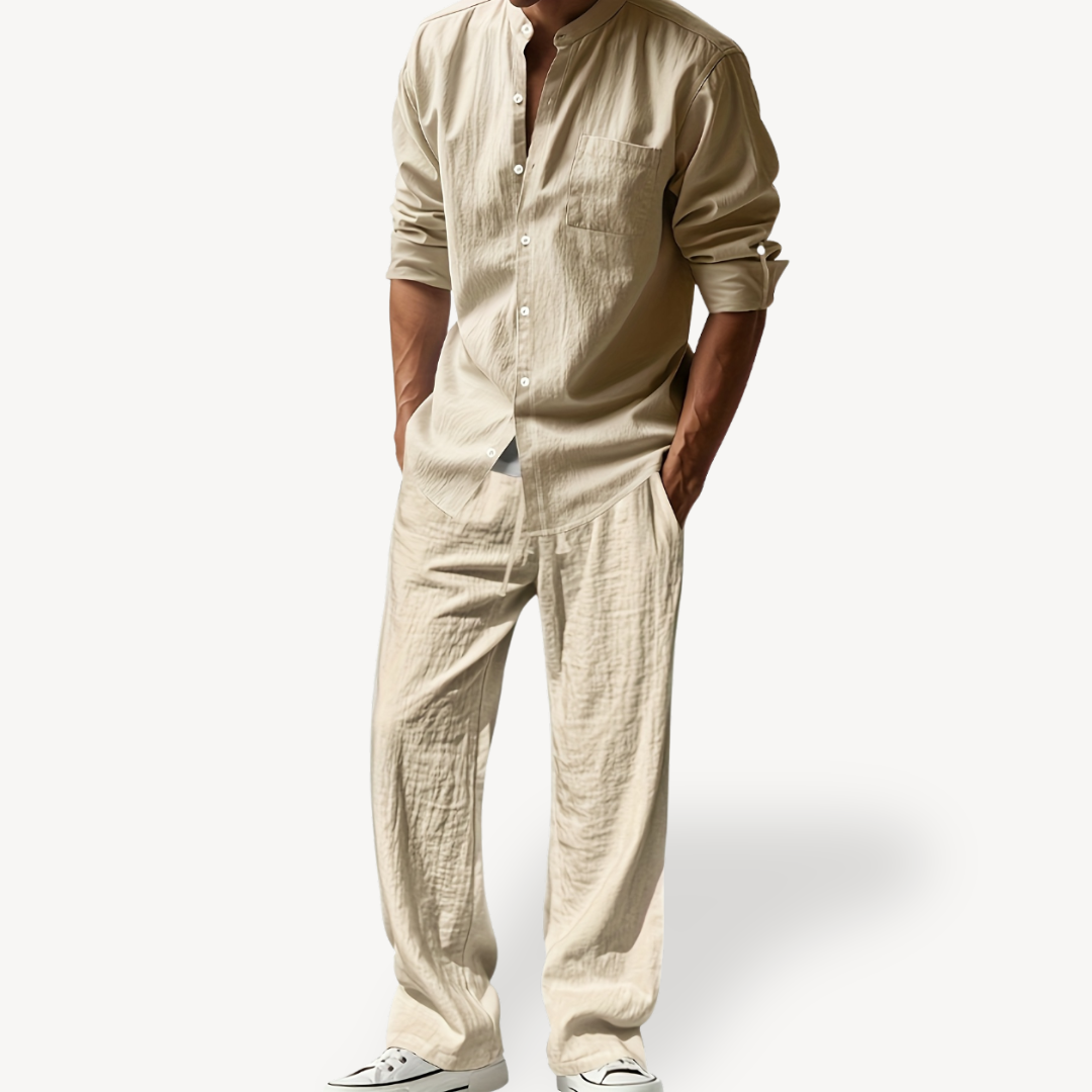 Men’s Linen Drawstring Pants & Shirt Set – Casual Relaxed Trousers & Shirt | Loravelle