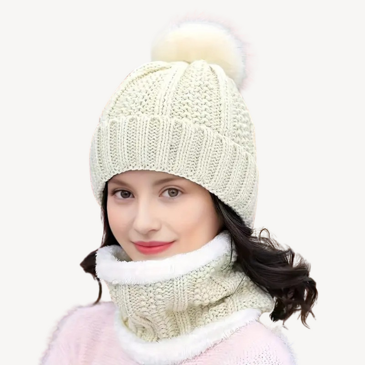 Knitted Pom Pom Beanie & Scarf Set for Women Soft Wool | Loravelle