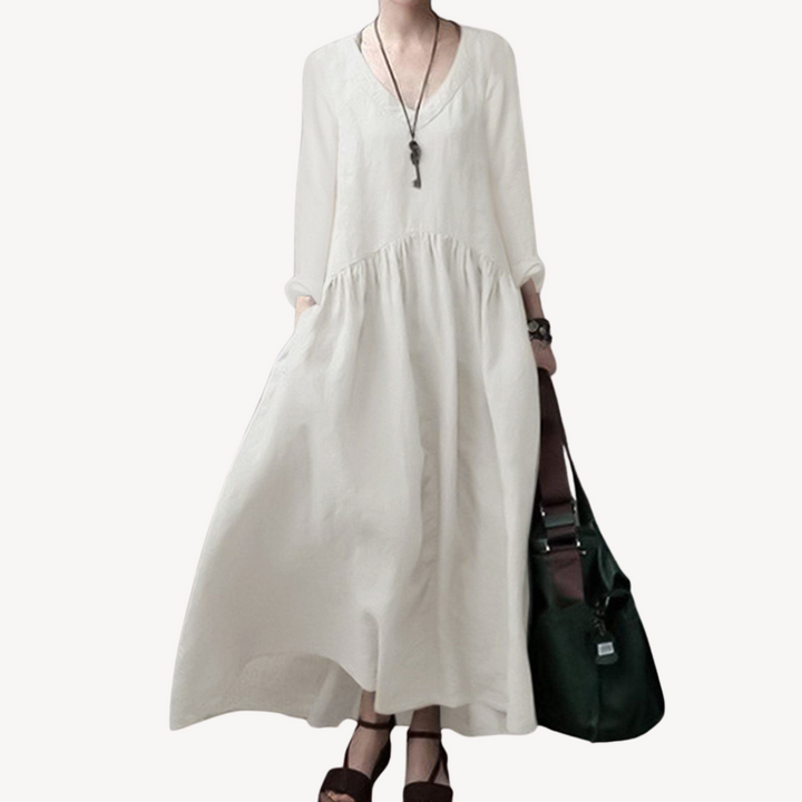 Linen Maxi Dress Women V-Neck Long Sleeve | Loravelle