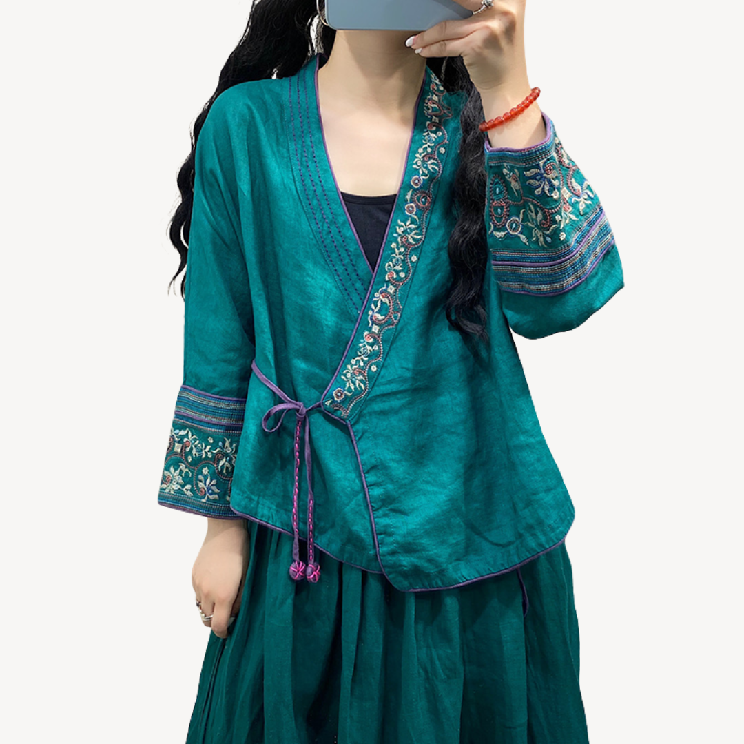 Women's Embroidered Linen Blend Kimono Jacket | Loravelle