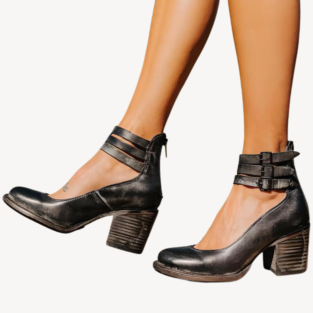 Women’s Orthopedic Leather Block Heel Ankle Strap Sandals | Loravelle