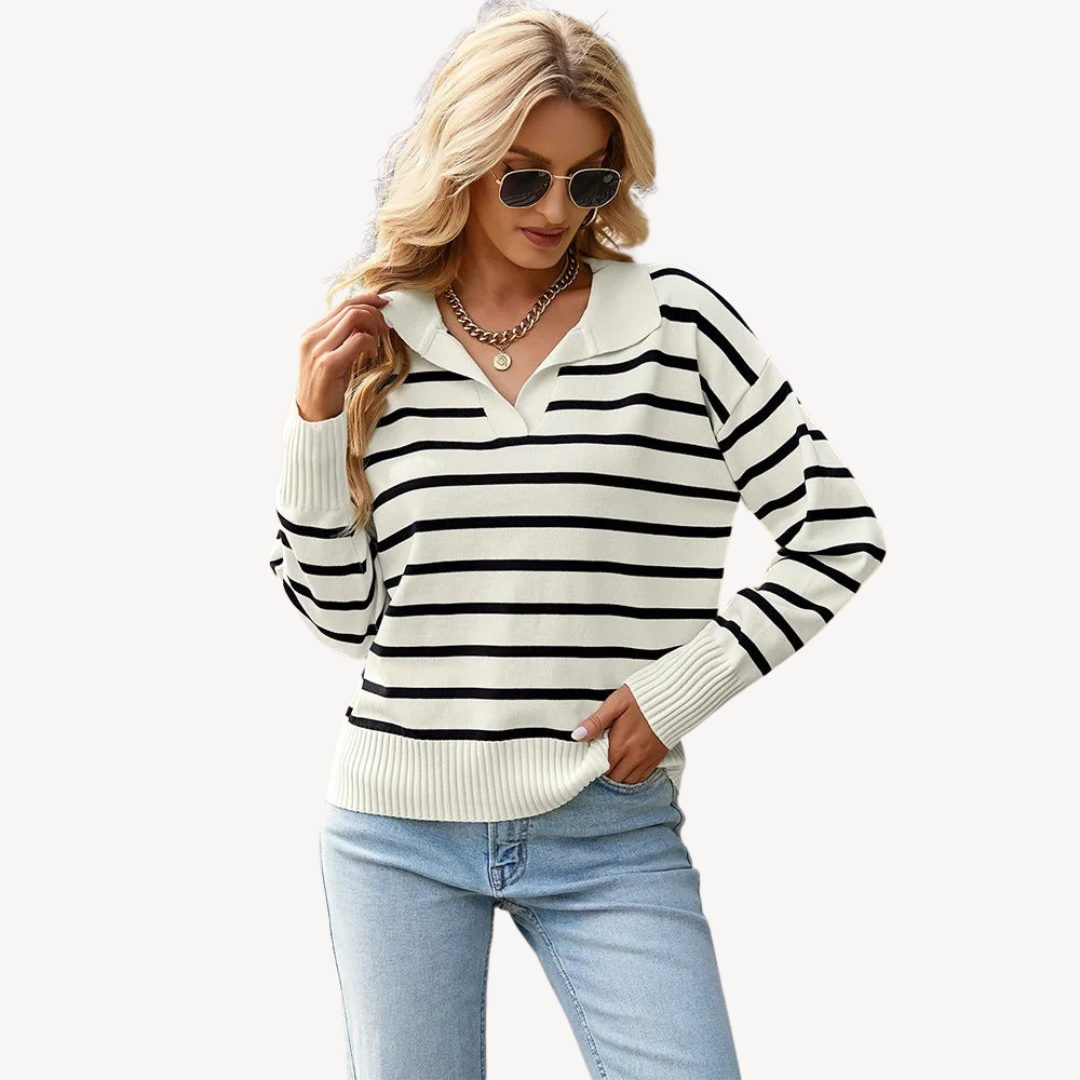 Striped Polo Knit Sweater for Women | Loravelle