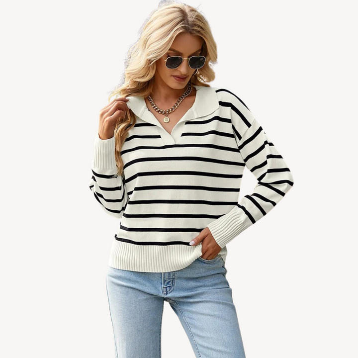 Striped Polo Knit Sweater for Women | Loravelle