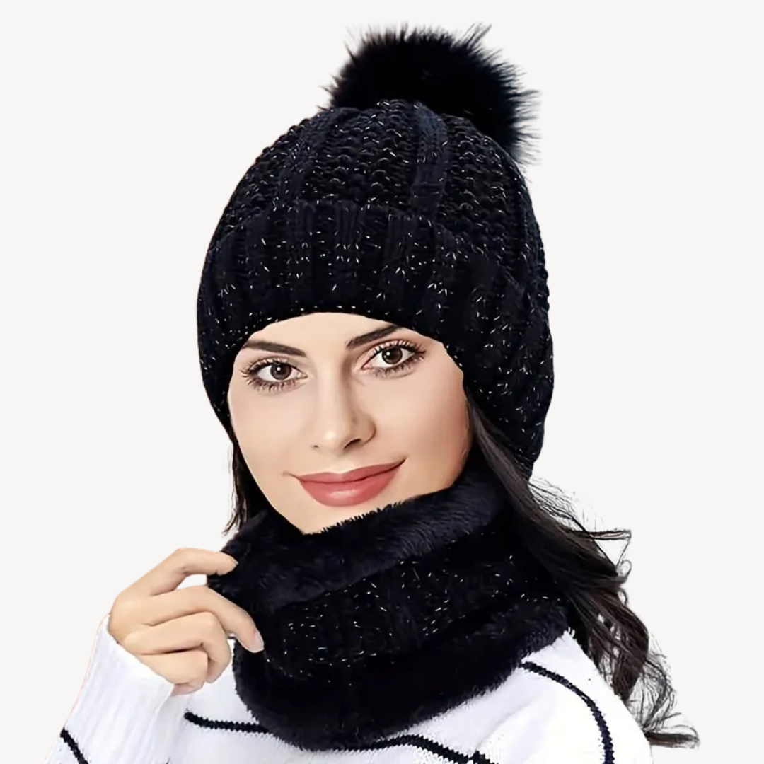 Knitted Pom Pom Beanie & Scarf Set for Women Soft Wool | Loravelle