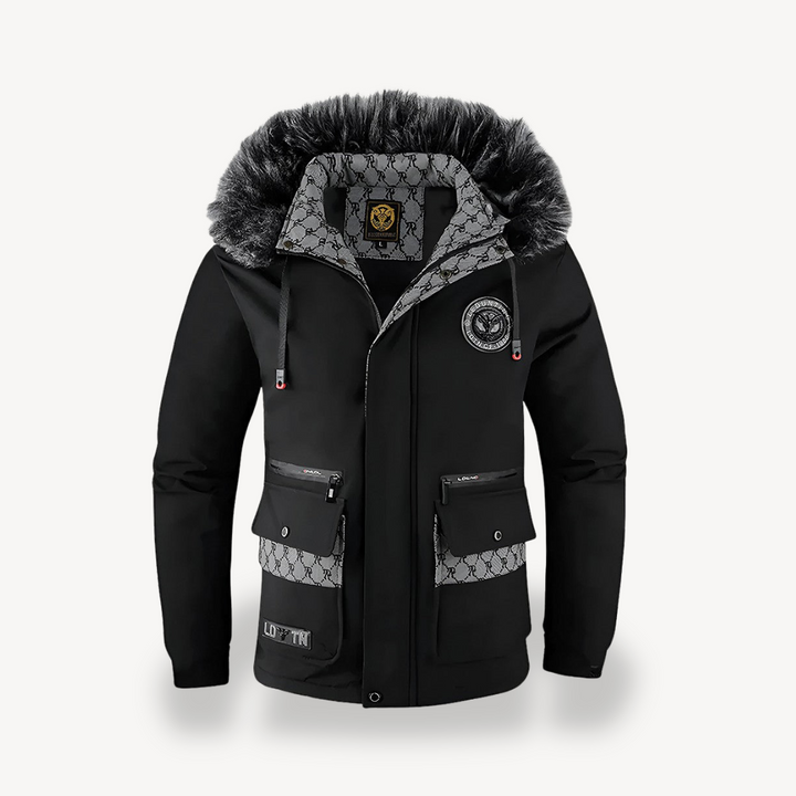 Men's Black & White Hooded Parka Jacket | Loravelle