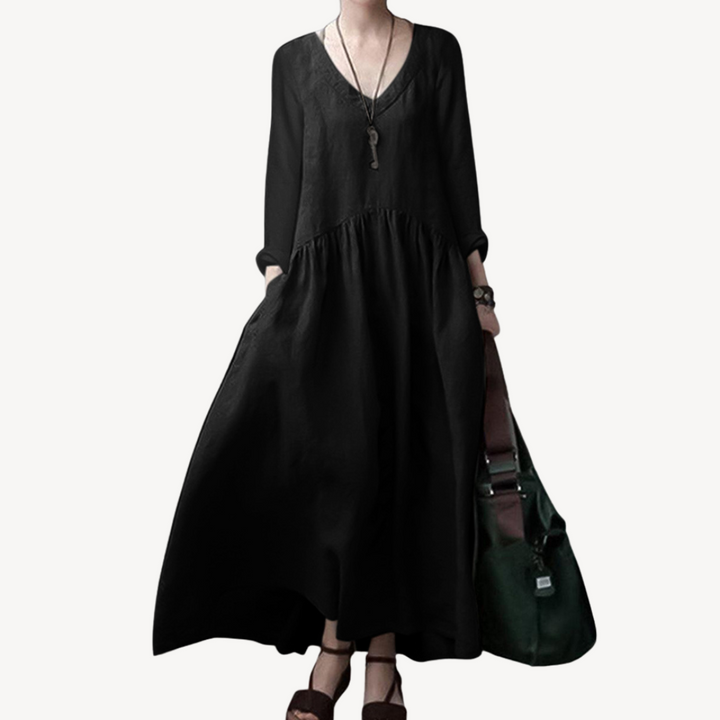 Linen Maxi Dress Women V-Neck Long Sleeve | Loravelle