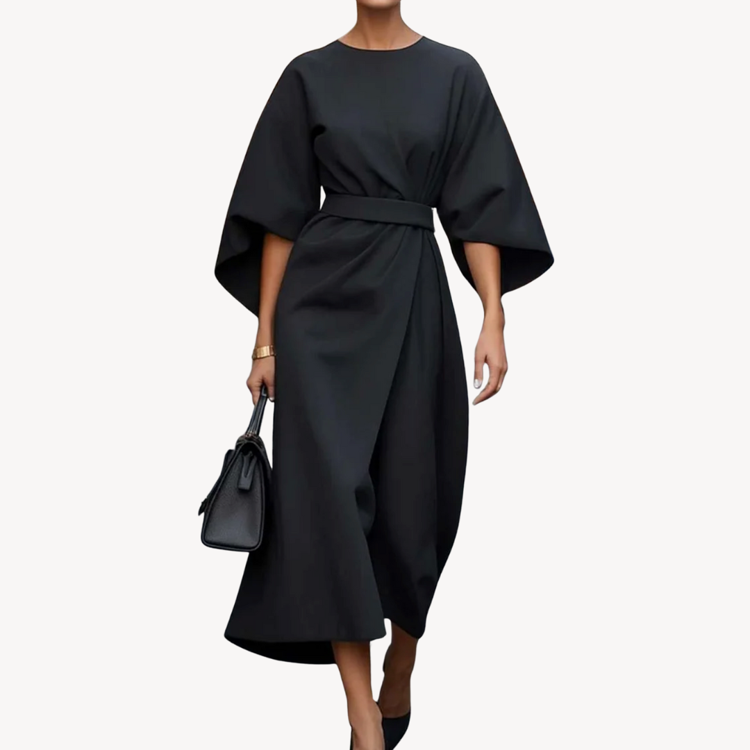 Loravelle | Women's Black Cotton Belted Midi Dress