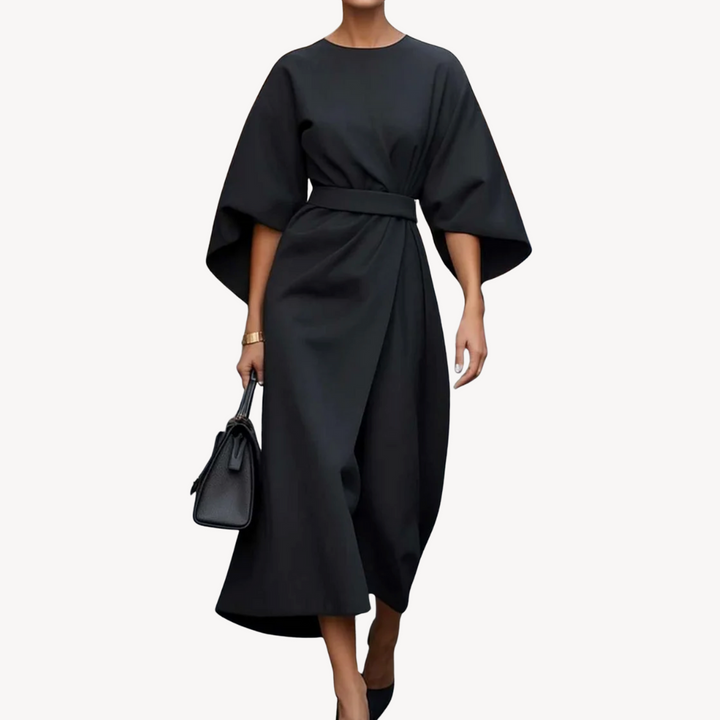 Loravelle | Women's Black Cotton Belted Midi Dress