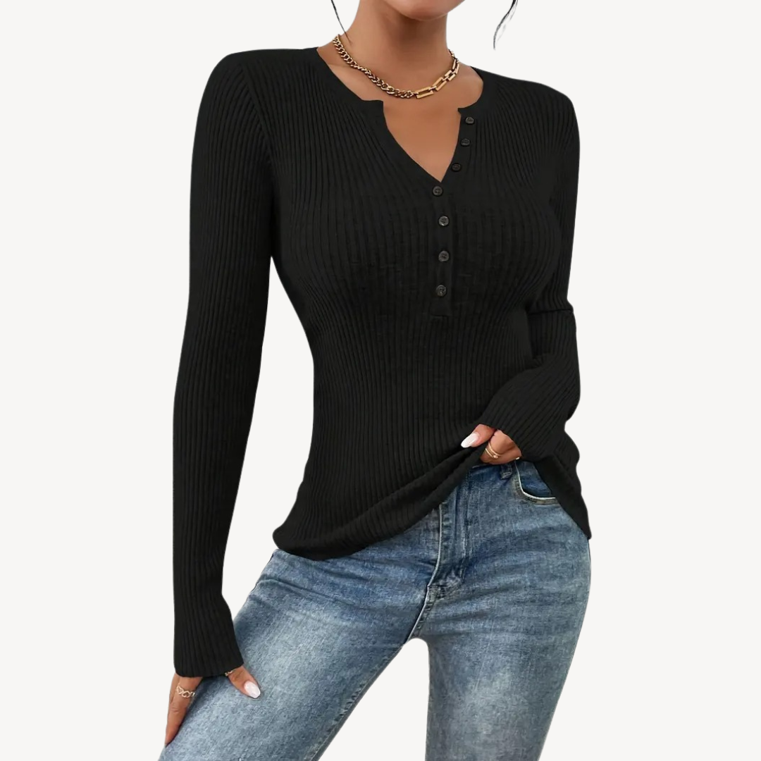 Ribbed Button Henley Top for Women | Loravelle