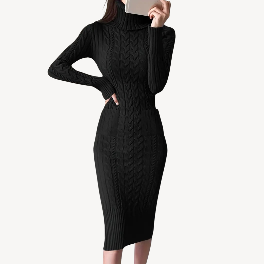Knit Cable Turtleneck Sweater Dress | Loravelle