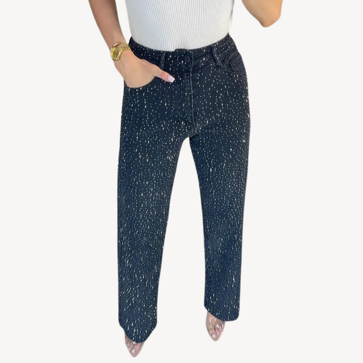 Rhinestone Studded High-Waisted Jeans | Loravelle  Product Description: