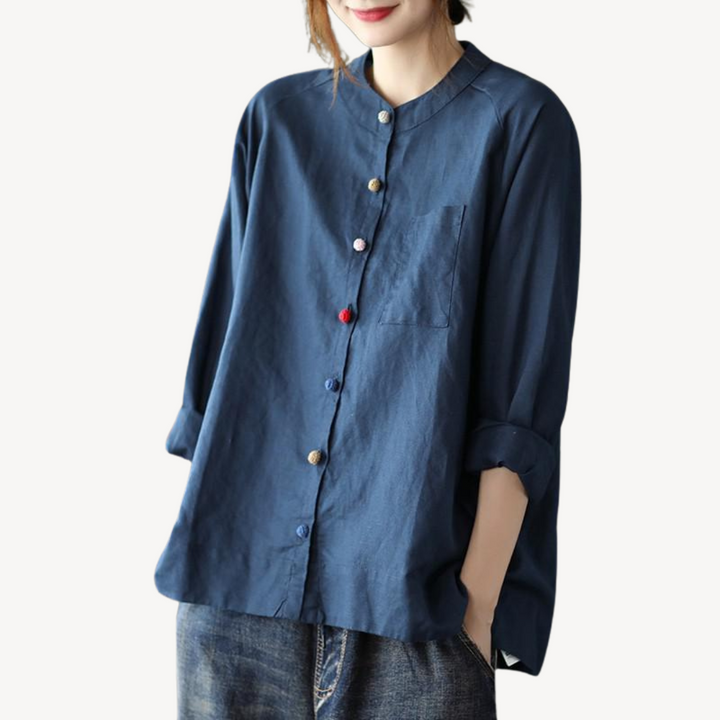 Women's Linen Blend Mandarin Collar Shirt | Loravelle