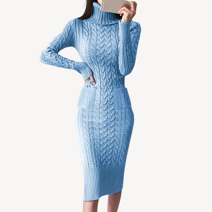 Knit Cable Turtleneck Sweater Dress | Loravelle