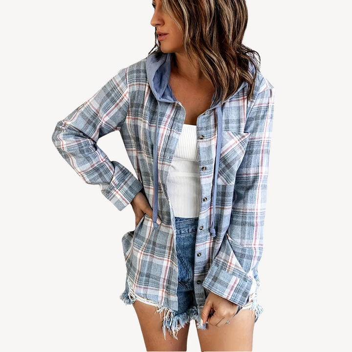 Women's Plaid Button-Down Shirt Jacket with Hood | Loravelle