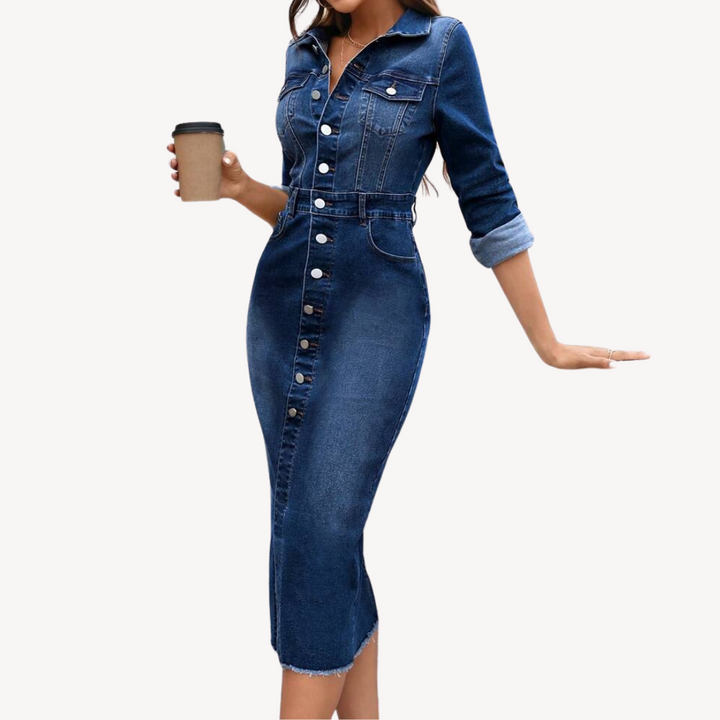 Loravelle | Women's Denim Midi Dress – Button-Up, Long Sleeve