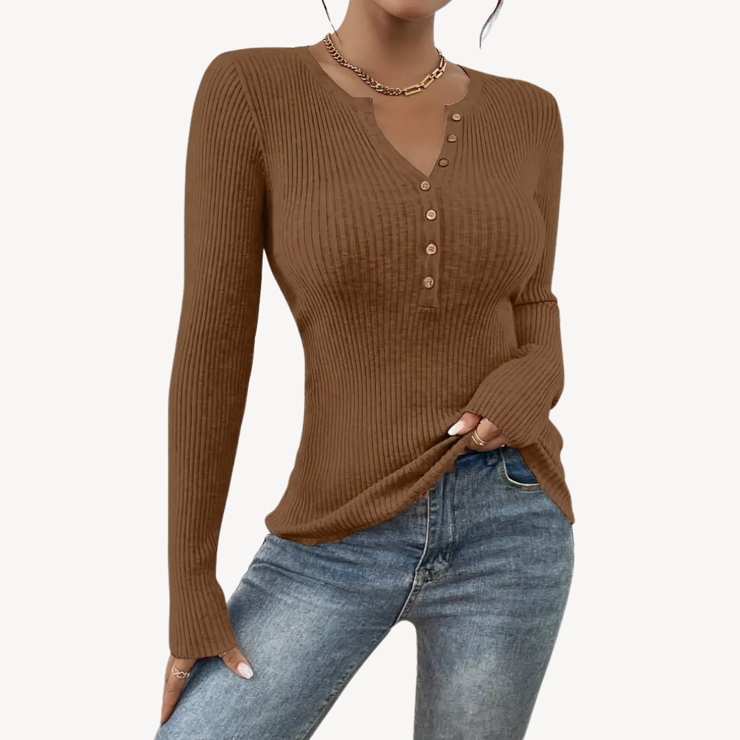 Ribbed Button Henley Top for Women | Loravelle
