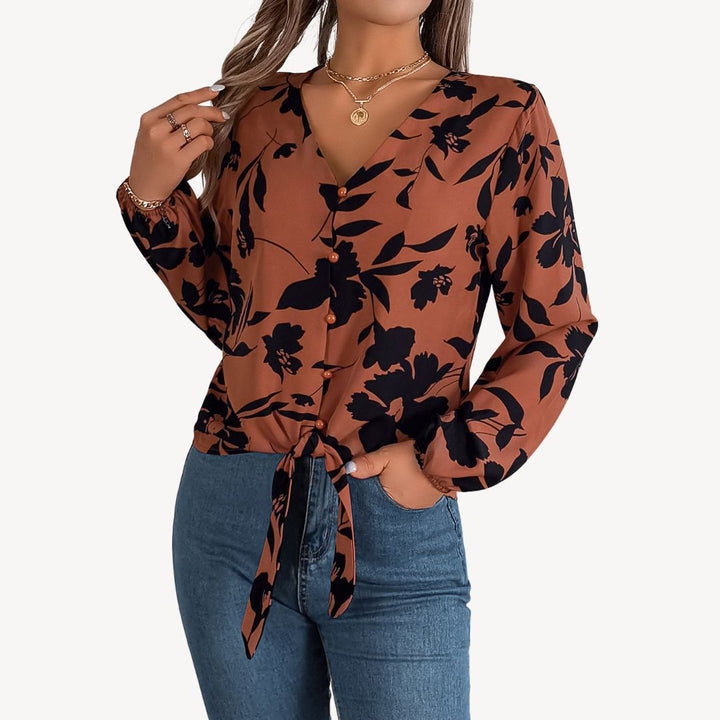 Floral V-Neck Blouse Long Sleeve | Loravelle