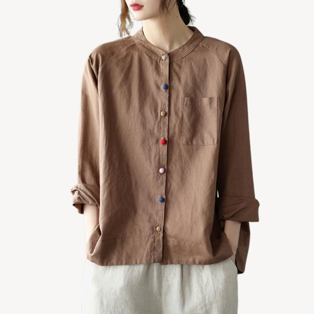 Women's Linen Blend Mandarin Collar Shirt | Loravelle