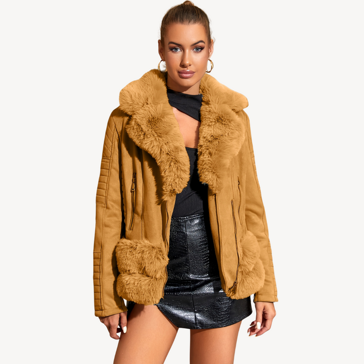 Women's Faux Fur Shearling Biker Jacket Brown | Loravelle