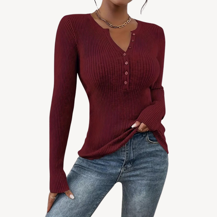 Ribbed Button Henley Top for Women | Loravelle