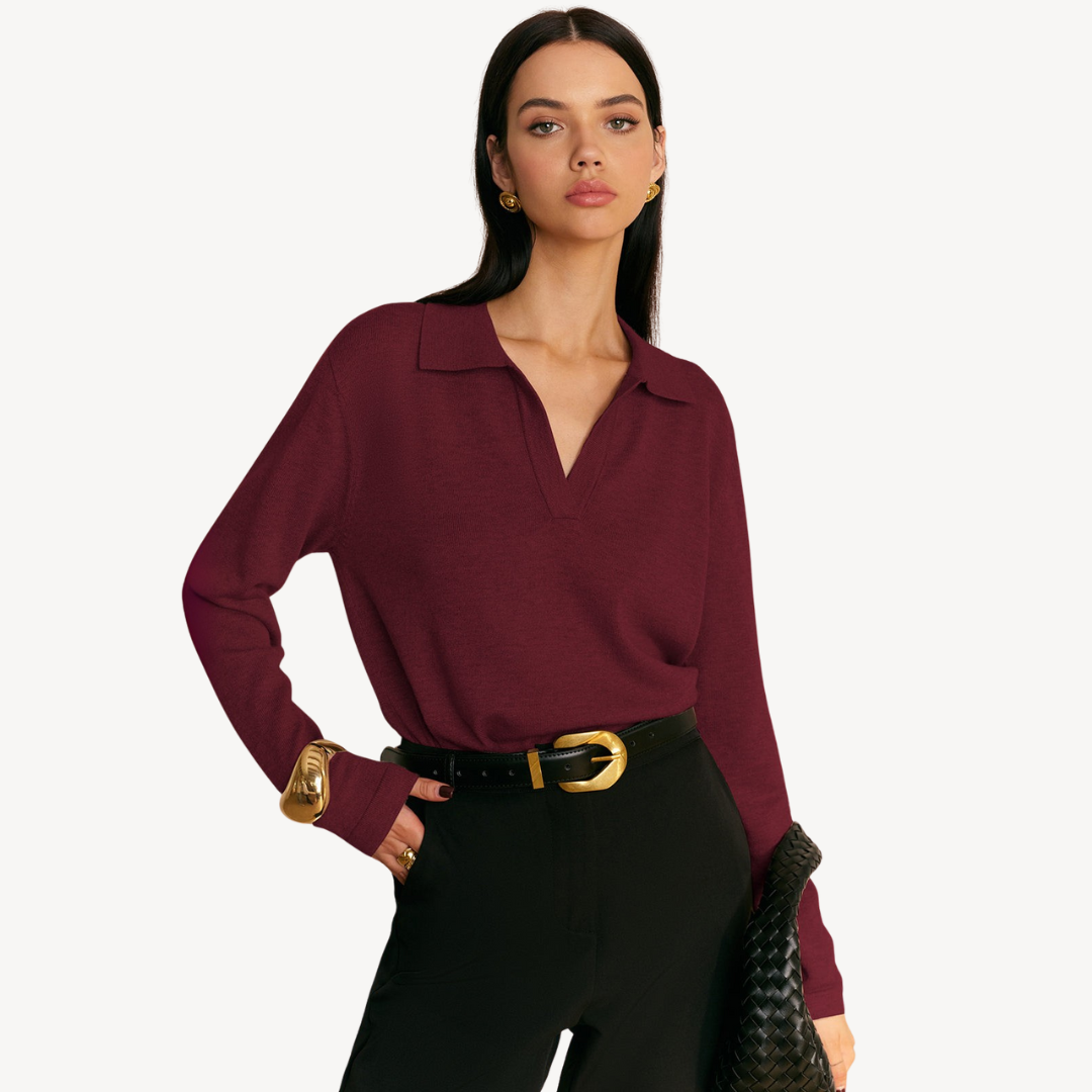 Knit Long Sleeve Polo V-Neck Sweater Women | Loravelle