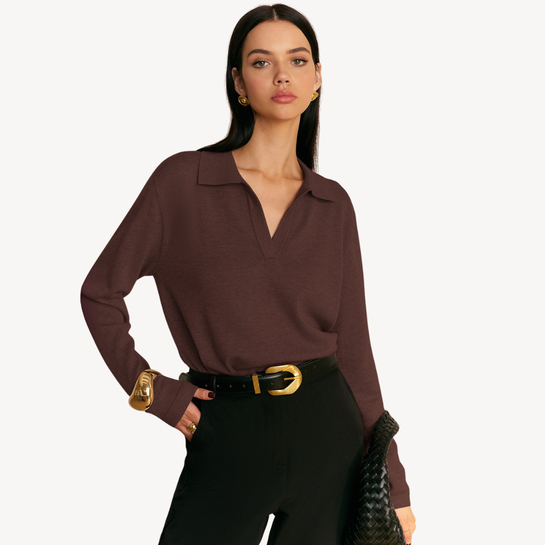 Knit Long Sleeve Polo V-Neck Sweater Women | Loravelle
