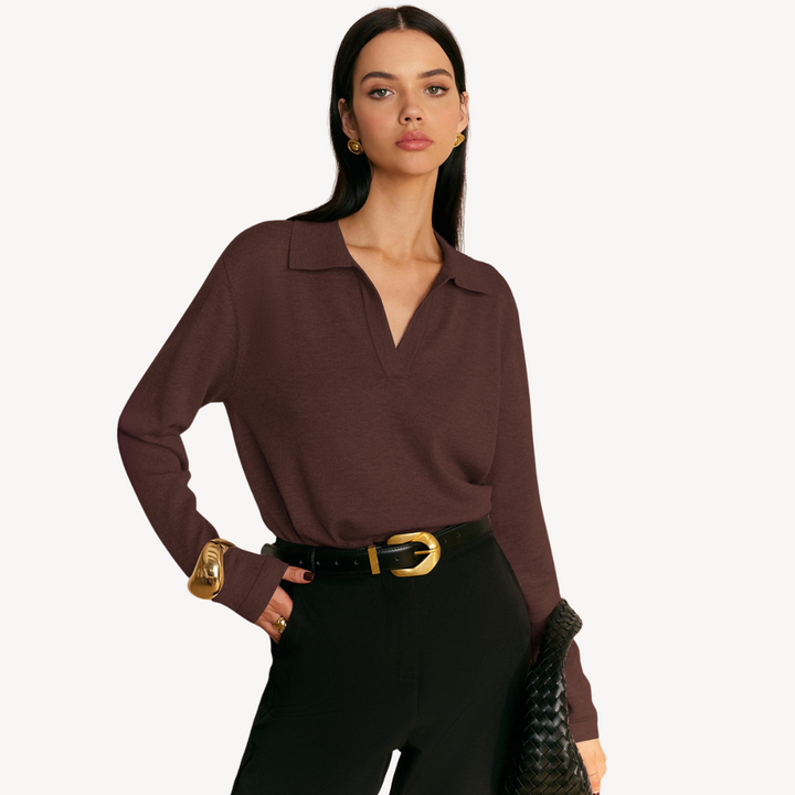 Knit Long Sleeve Polo V-Neck Sweater Women | Loravelle