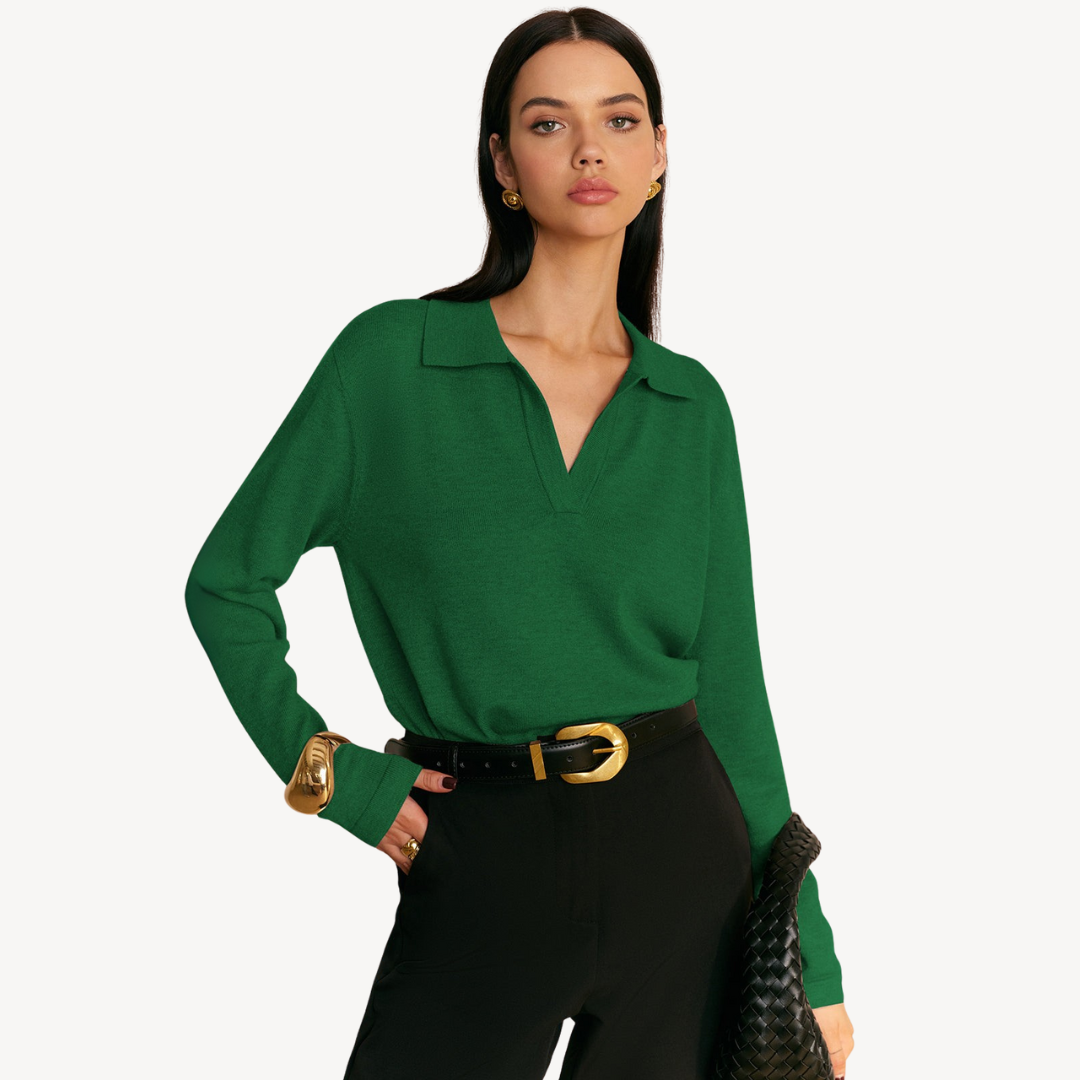 Knit Long Sleeve Polo V-Neck Sweater Women | Loravelle