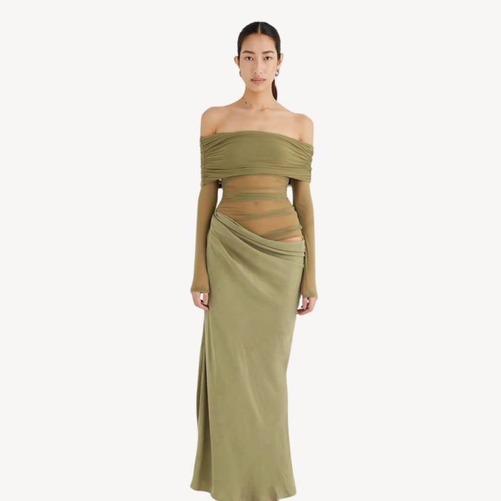 Loravelle | Women's Satin Off-Shoulder Maxi Dress