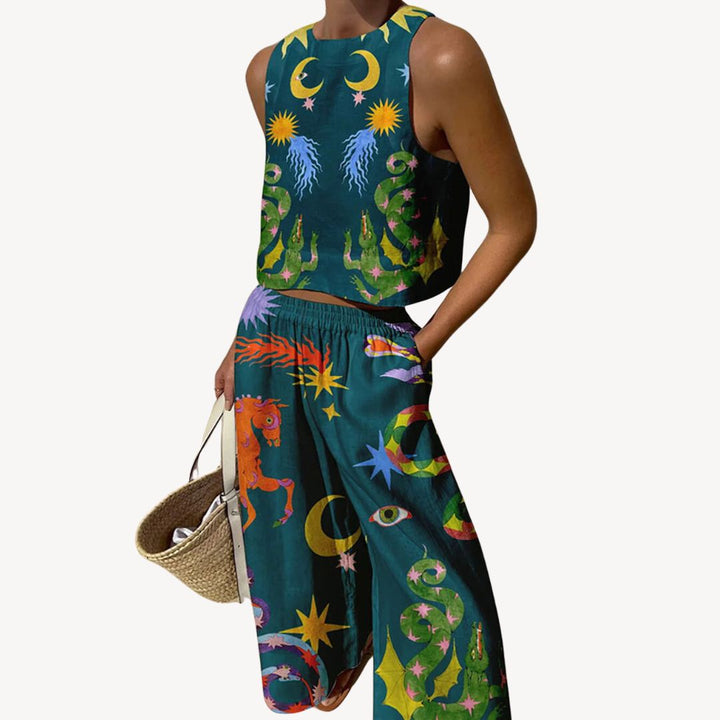 Celestial Print Linen Blend Two Piece Set Women | Loravelle