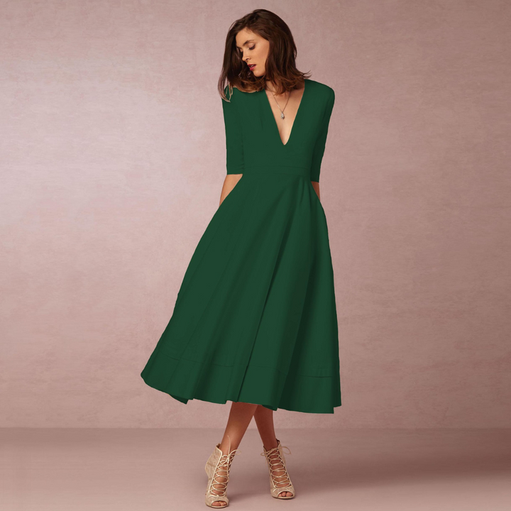 Women’s V-Neck A-Line Midi Dress – Elegant Flowy Style in Multiple Colors | Loravelle