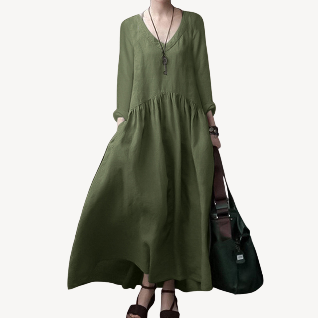 Linen Maxi Dress Women V-Neck Long Sleeve | Loravelle