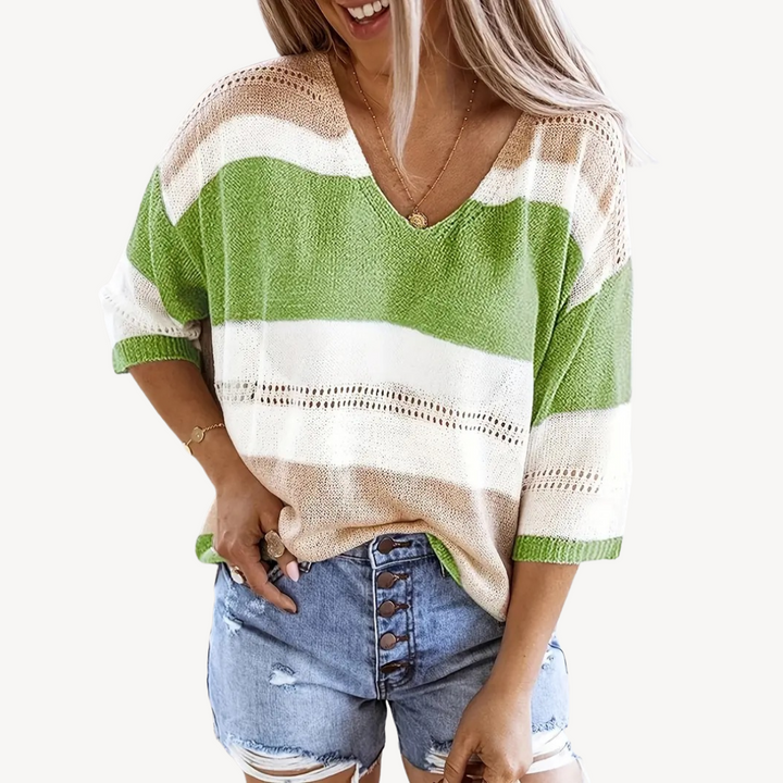 Striped V-neck Knit Top | Loravelle